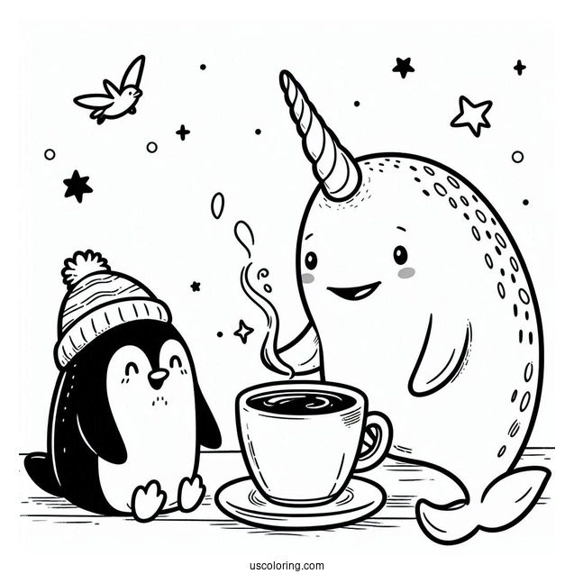 Narwhal Coloring Page Having Coffee With A Penguin