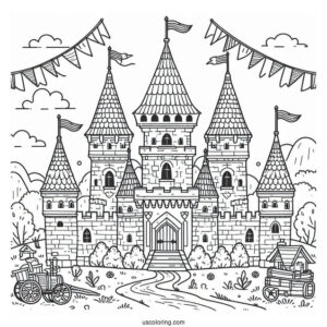 Castle Coloring Page With Flags In A Village For Kids