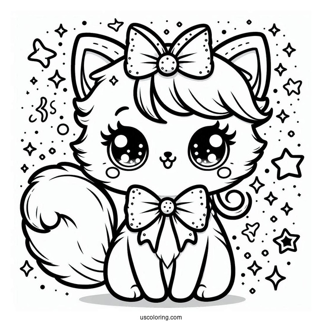 Kawaii Female Cat With Bow Coloring In