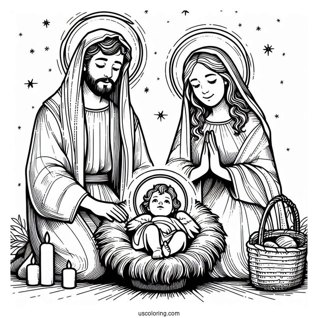 Nativity Coloring Page Of Joseph, Mary, And Jesus With Haloes