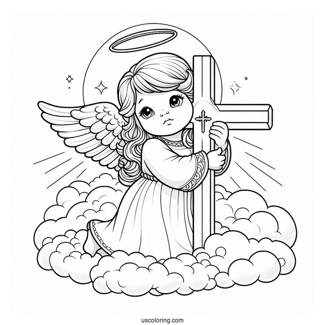 Adorable Angel Hugging A Cross In The Sky Coloring Sheet For Kids