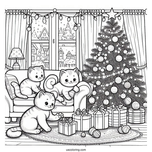 Christmas Coloring Pages For Adults Of Three Cats Playing In Living Room With Christmas Tree