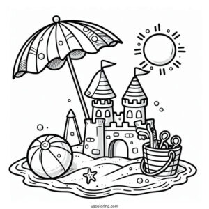Easy Sand Castle With Umbrella And Beach Ball Coloring Sheet
