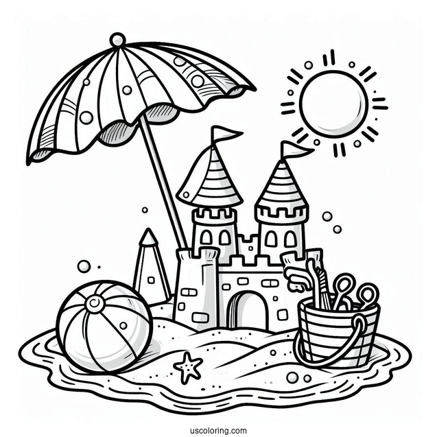 Easy Sand Castle With Umbrella And Beach Ball Coloring Sheet