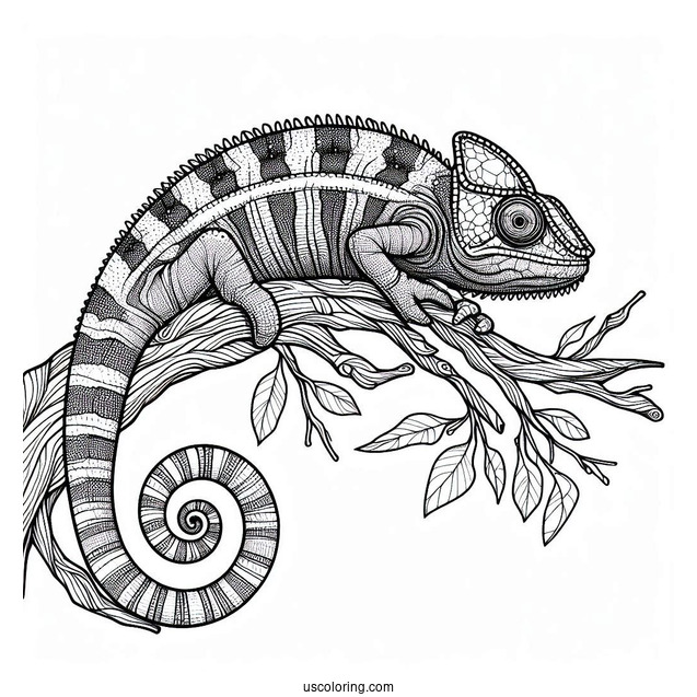 Lizard Coloring Page of Jackson's Chameleon On Tree Branch
