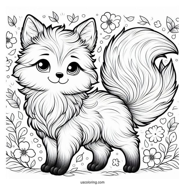 Fluffy Fox Coloring Page With Petals In Background
