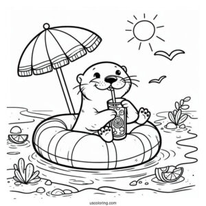 Cute Otter Coloring Page In Floater Drinking Iced Tea At Beach