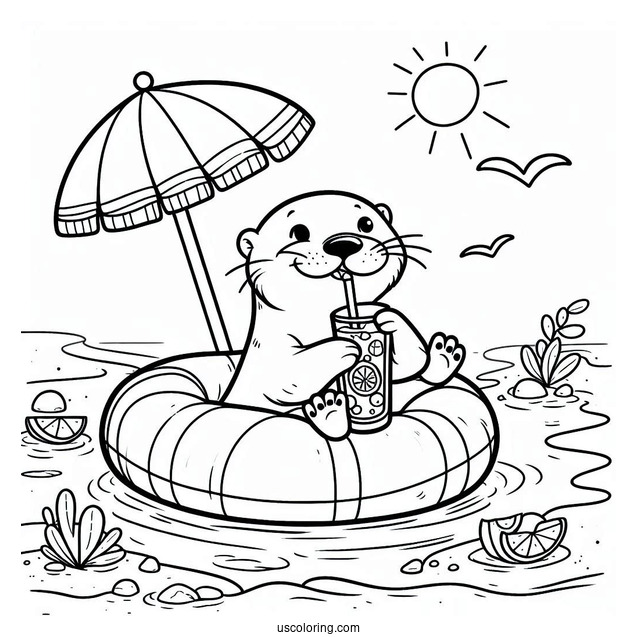 Cute Otter Coloring Page In Floater Drinking Iced Tea At Beach