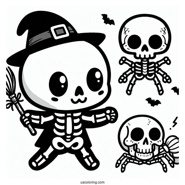 Spooky Chibi Skeleton Coloring Page In Halloween