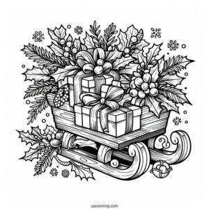 Christmas Coloring Pages For Adults Of Christmas Sled Filled With Hollies, Presents, And Mistletoes
