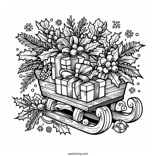 Christmas Coloring Pages For Adults Of Christmas Sled Filled With Hollies, Presents, And Mistletoes
