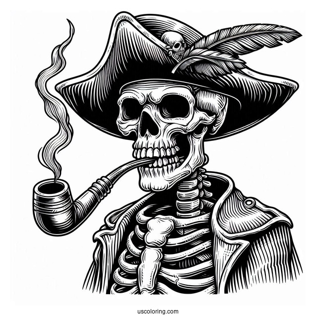 Pirate Coloring Page Skeleton With Hat, Cloak, And Pipe
