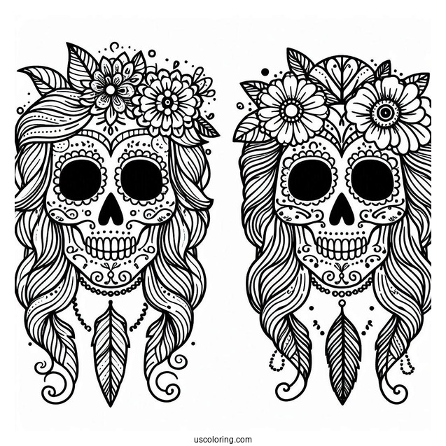 Two Simple Sugar Skulls Coloring Page For Kids