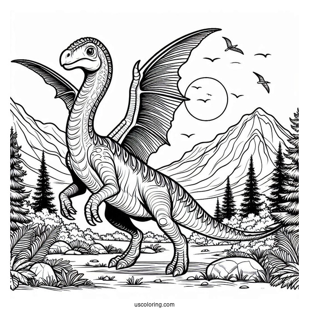Scary Troodon In The Mountain Coloring Page