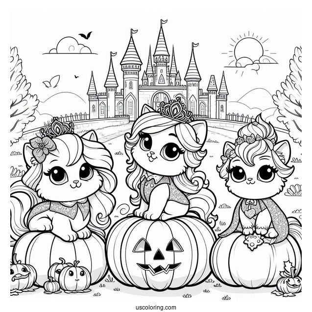 Palace Pets Coloring Page Of Treasure, Petite, Pumpkin And Ms. Featherbon In Front Of Castle