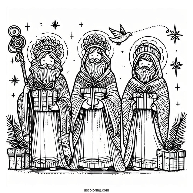 Nativity Coloring Page Of The Three Wise Men Carrying Gifts