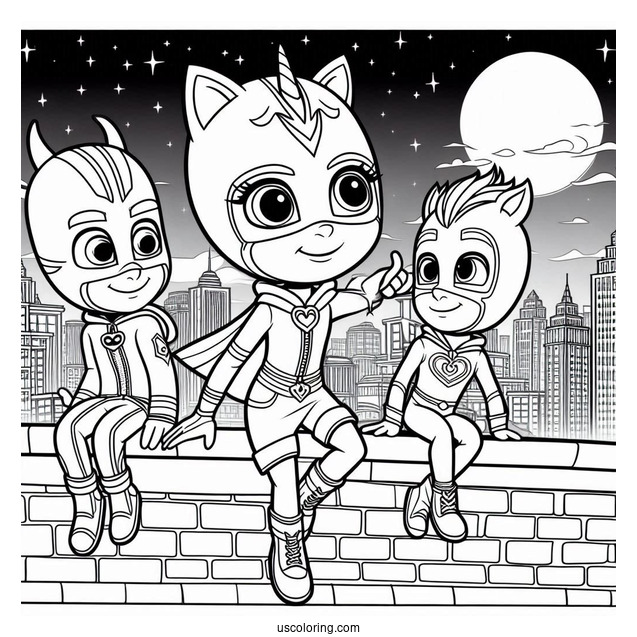 PJ Masks Coloring Page Of Luna Girl, Romeo, And Night Ninja On Rooftop At Night