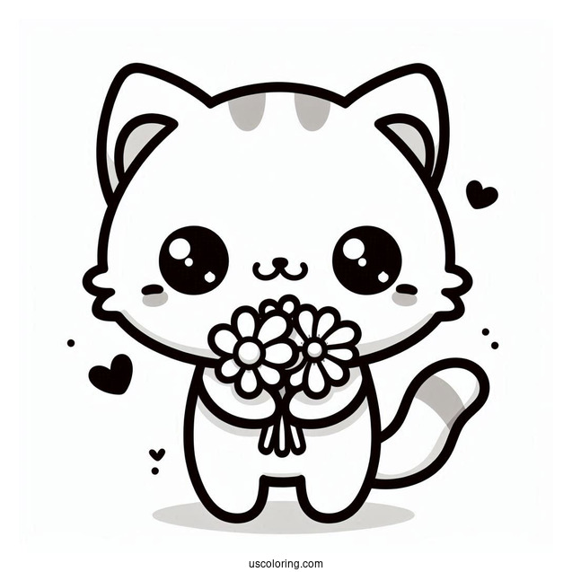 Kawaii Cat Holding A Flower Bouquet Coloring Sheet