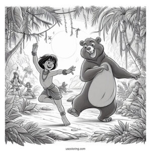 Jungle Book Coloring Page Of Mowgli And Baloo Dancing In The Jungle