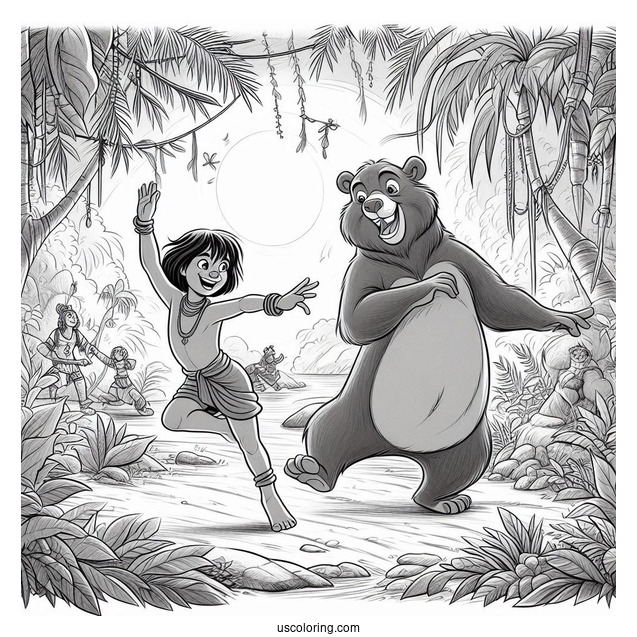 Jungle Book Coloring Page Of Mowgli And Baloo Dancing In The Jungle