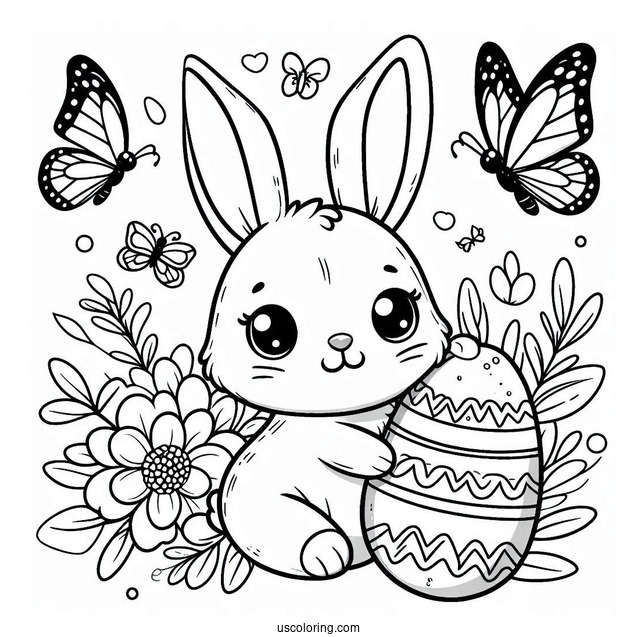 Easy Easter Bunny Coloring Page With Egg And Butterfly