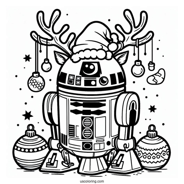 Cute R2-D2 Coloring Page With Antlers And Christmas Baubles For Kids