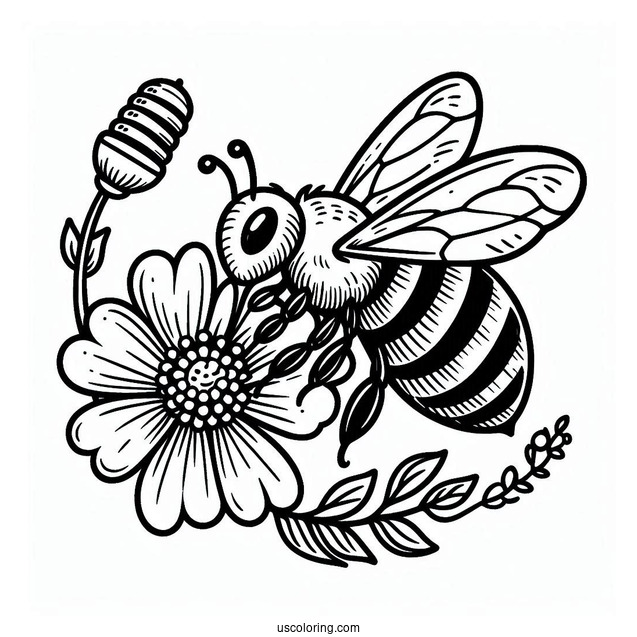Bee Coloring Page Sucking Nectar From Flower For Kids