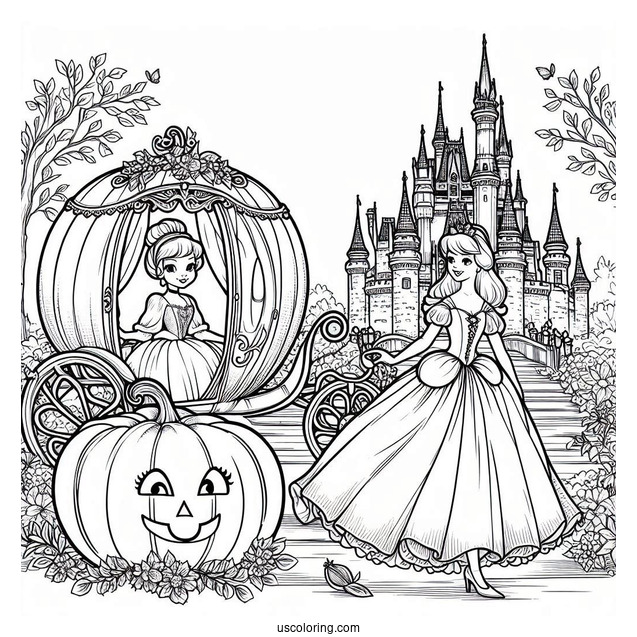 Cinderella With Pumpkin Coach, Castle And Fairy Godmother