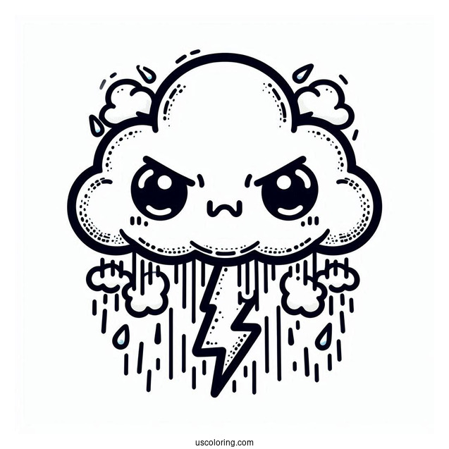 Angry Cloud With Rain Coloring Page And Lightning For Kids