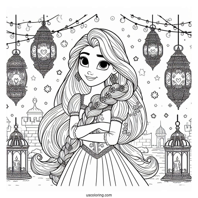 Princess Coloring Page Of Tangled Princess Rapunzel With Lanterns In Background