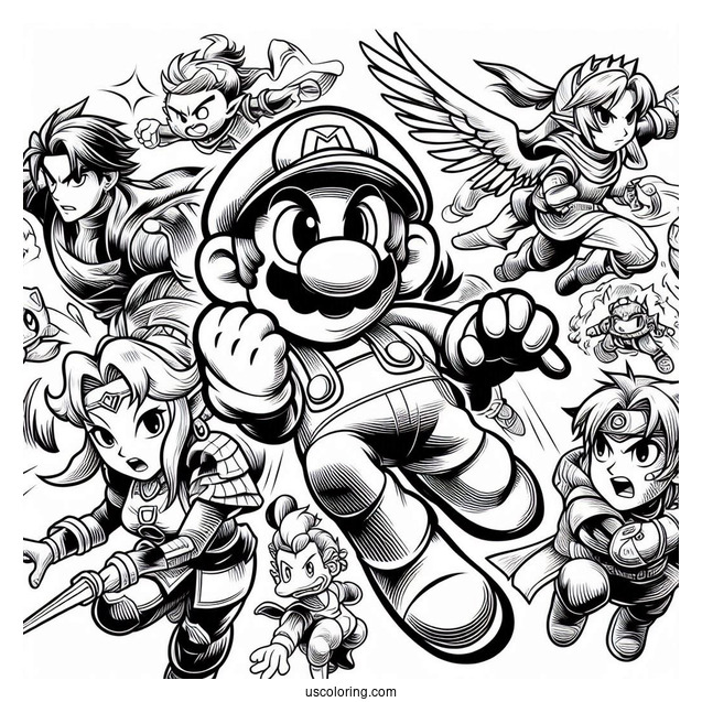 Super Smash Bros Coloring Page Of Characters Fighting For Kids