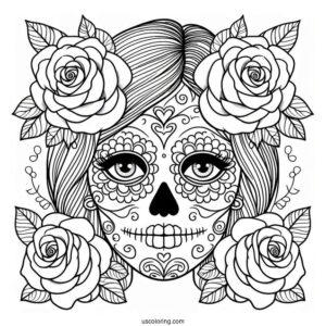 Smiling Female Sugar Skulls Coloring Page With Roses In The Eyes
