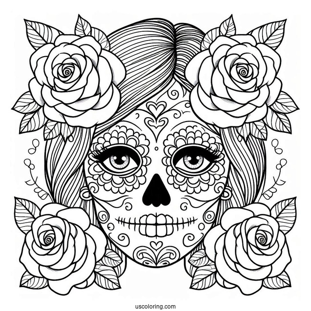 Smiling Female Sugar Skulls Coloring Page With Roses In The Eyes