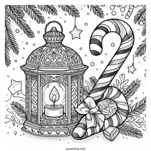 Christmas Coloring Pages For Adults Of Christmas Lantern With Candy Canes In Background