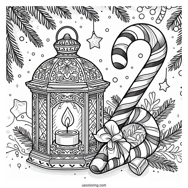 Christmas Coloring Pages For Adults Of Christmas Lantern With Candy Canes In Background