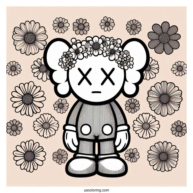 KAWS Coloring Page Companion With Retro Hippie Flower Background