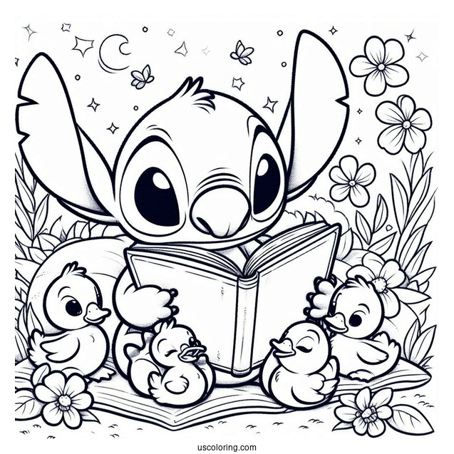 Stitch Reading a Book Do Duckings Coloring Page