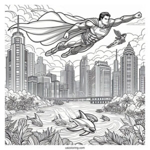 Justice League Coloring Page Flying In The City