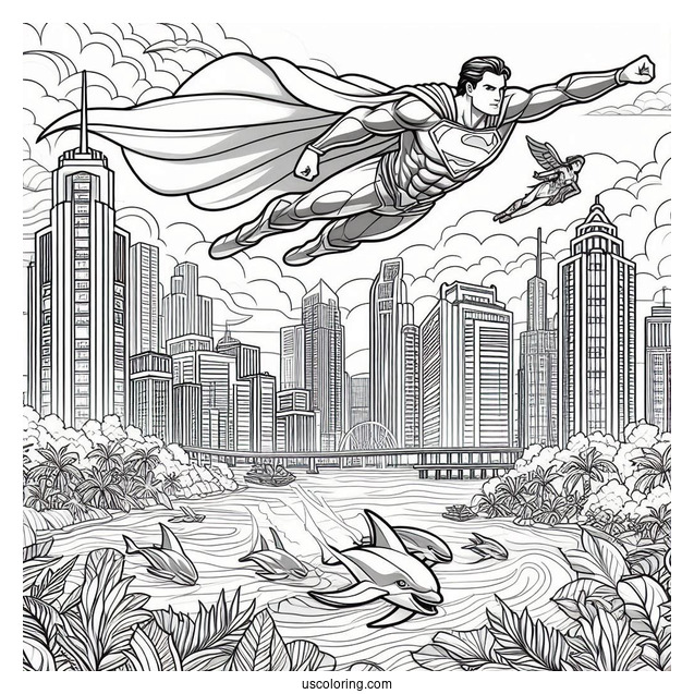 Justice League Coloring Page Flying In The City