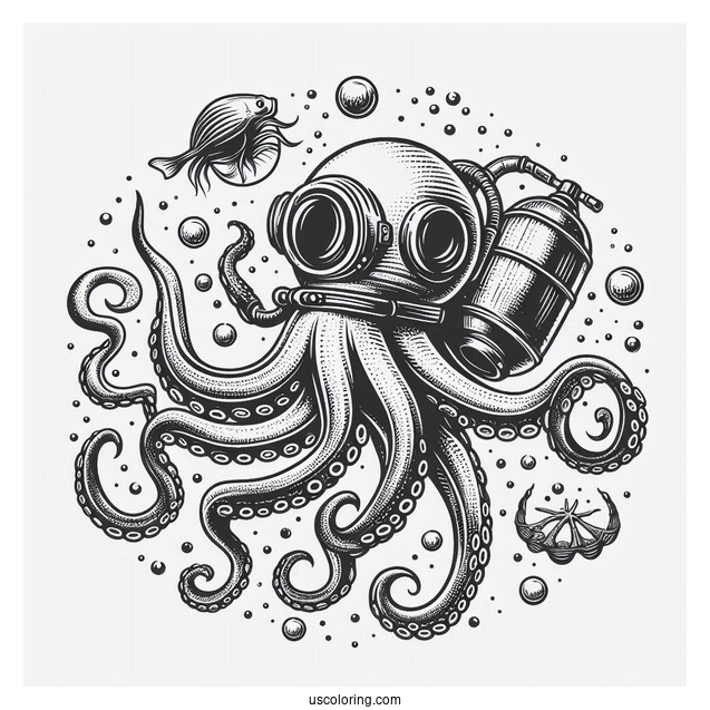 Vintage Diver Holding Octopus Coloring Page