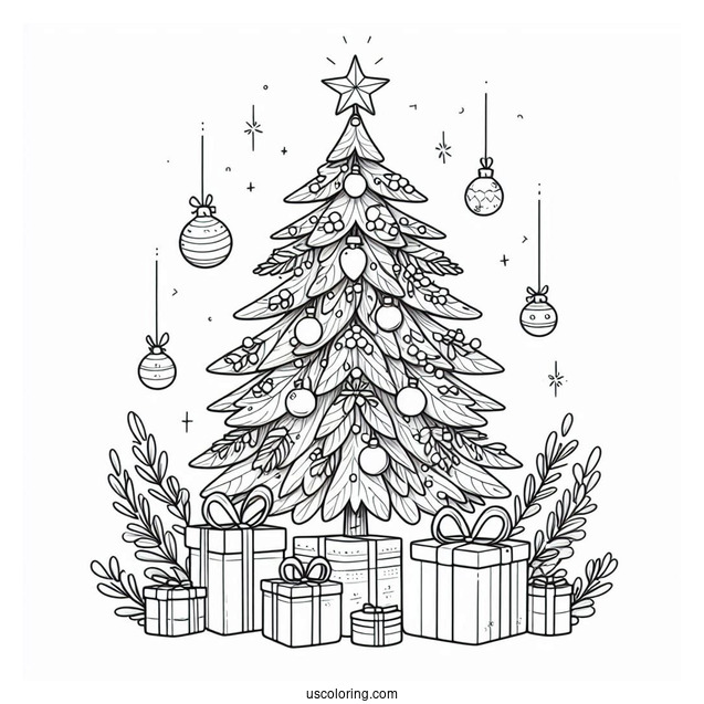 Christmas Tree With Presents And Ornaments To Color