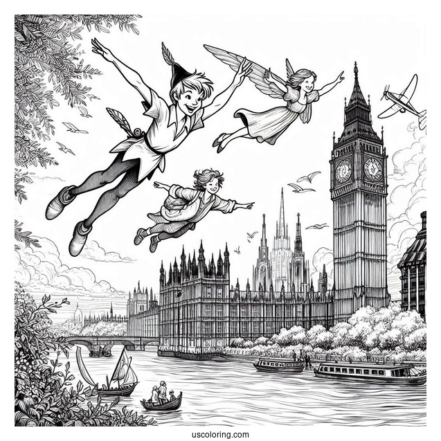 Peter Pan, Wendy, John, And Michael Flying Past Big Ben
