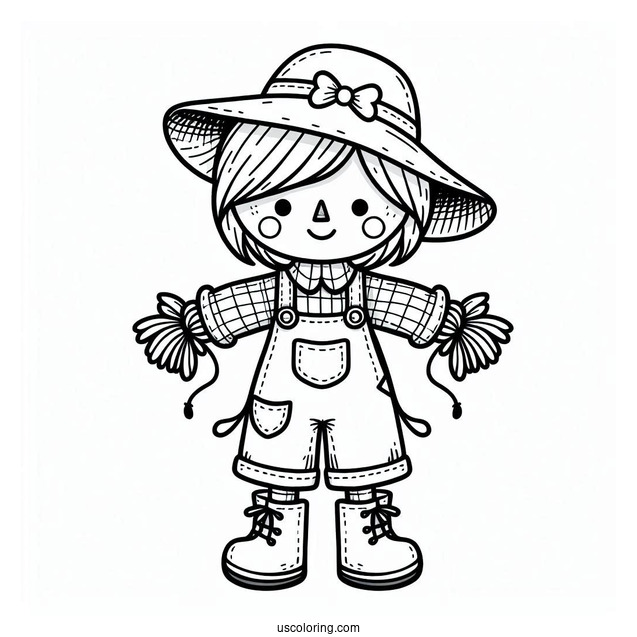 Cute Scarecrow Coloring Page With Hat And Overalls For Kids