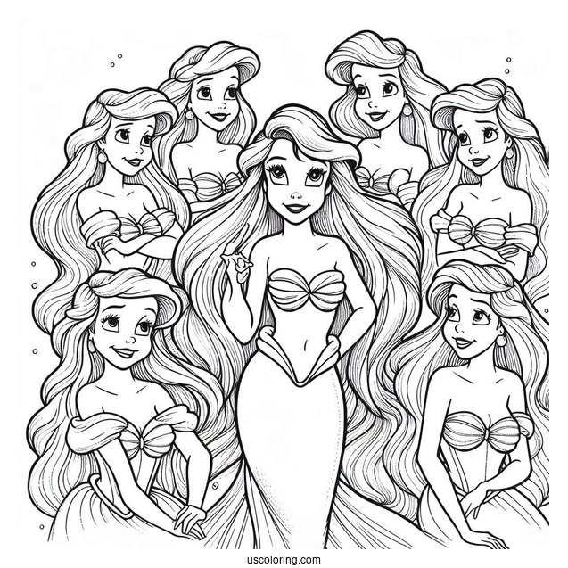 Coloring Page Of Ariel With Her Six Sisters