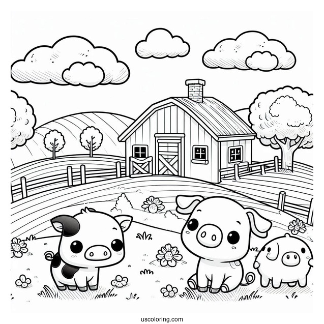 Adorable Kawaii Pig With Cows On a Farm