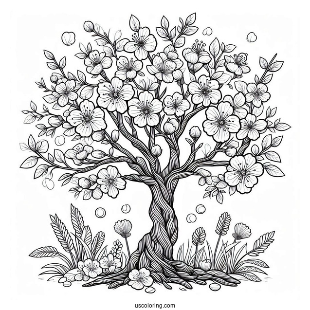 Large Tree Blooming Flowers In Spring Coloring Page