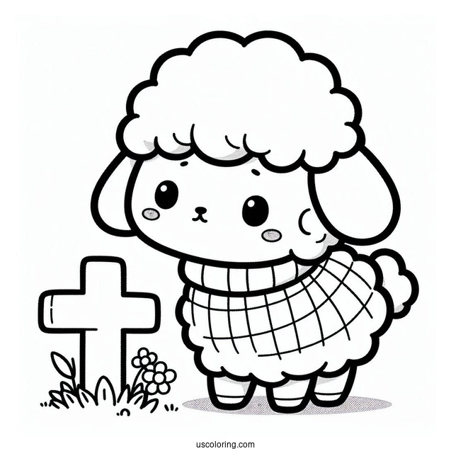 Kawaii Sheep In Sweater Leaning Over A Small Cross Coloring Page For Kids