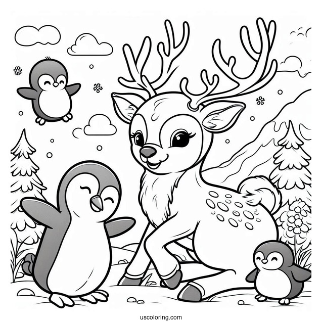 Reindeer Having Fun With Penguins To Color