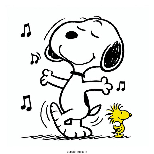 Dancing Snoopy With Woodstock To Color