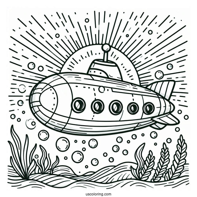 Simple Submarine Coloring Page Outline With Sun Rays And Bubbles